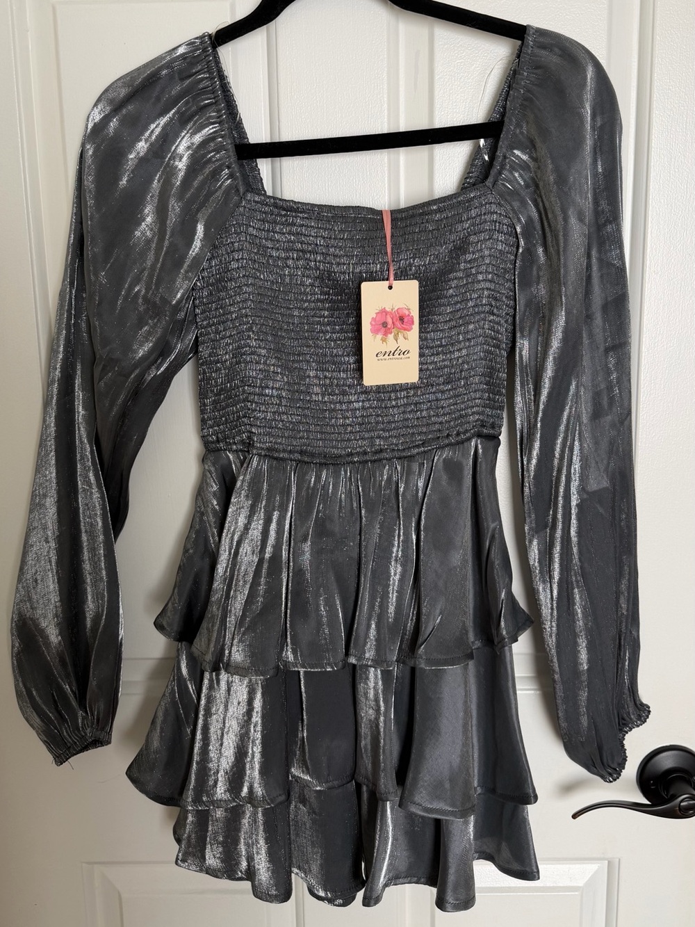 Boutique Metallic Gray Smocked Peplum Tiered Dress